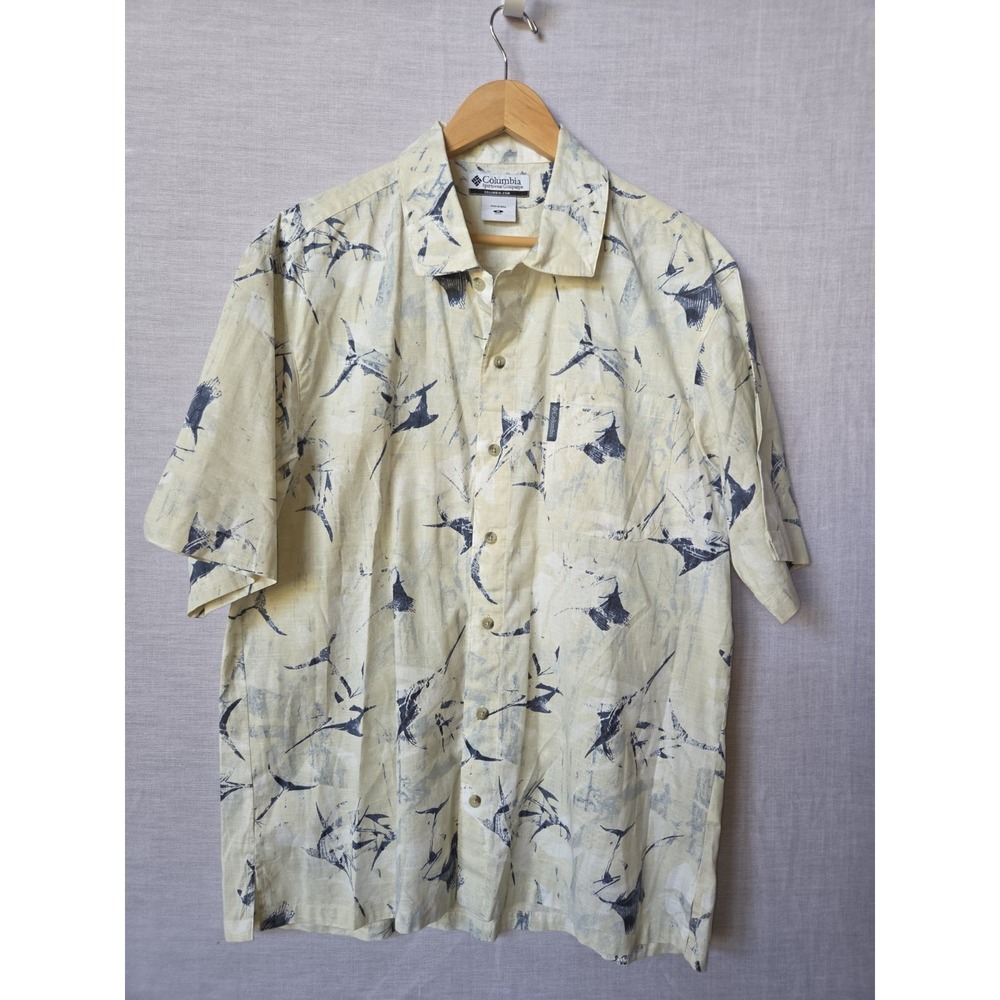 Columbia Shirt Mens Swordfish Sailfish Short Sleeve Shirt Medium Yellow Blue